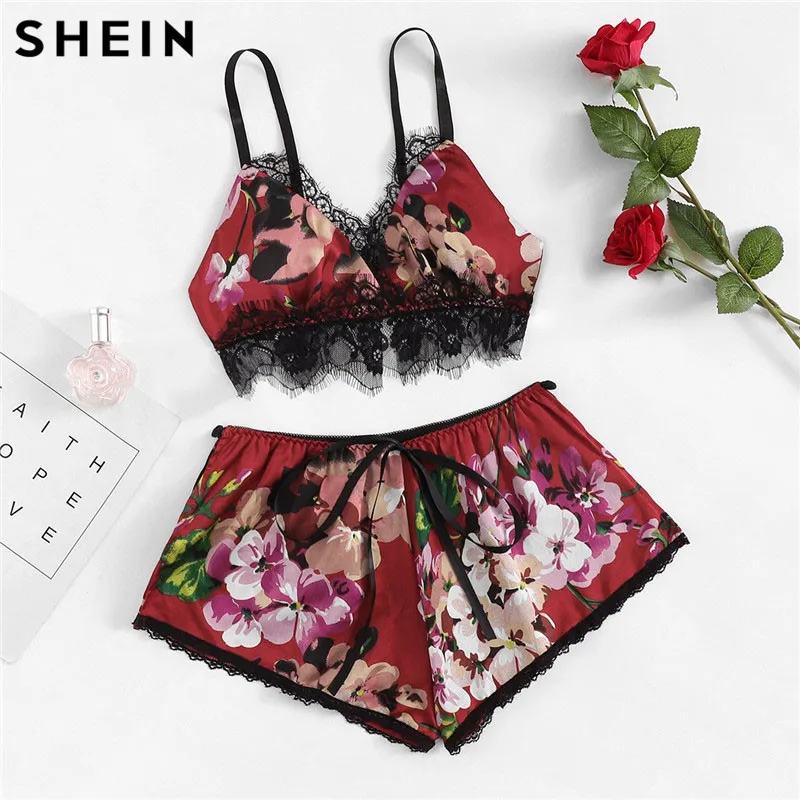 SHEIN, кружевные цветочные шорты с цветочной отделкой, PJ, набор, сексуальный, на бретельках, без рукавов, беспроводные бюстгальтеры и трусы, женский летний комплект нижнего белья