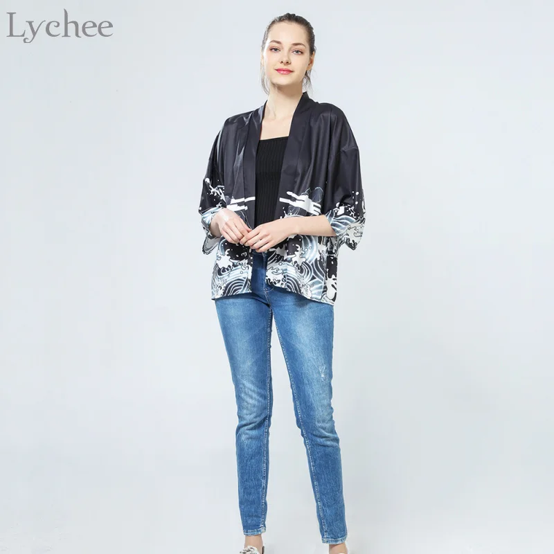Lychee Винтаж Лето для женщин кардиган Дракон волны печатных шифон защита от солнца кимоно рубашка верхняя одежда