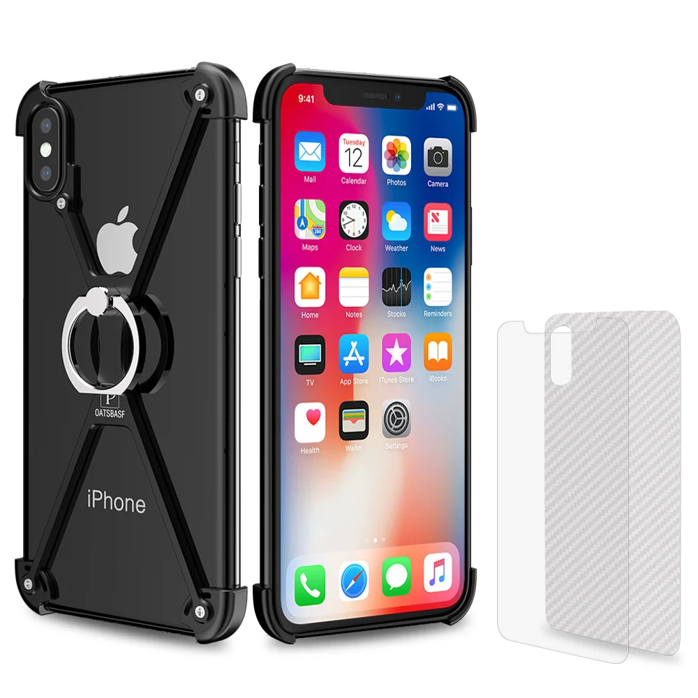 OATSBASF X форма с кольцом держатель чехол для iPhone XS оболочка для iPhone XS MAX чехол металлический бампер для iPhone X с подарочной стеклянной пленкой