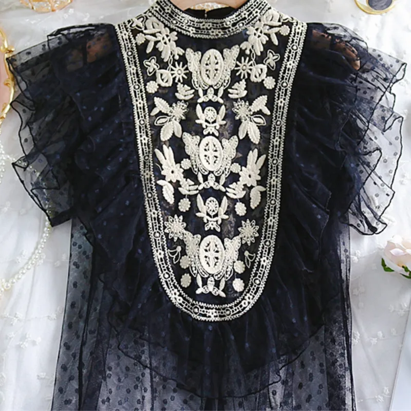 Neploe, винтажные кружевные женские блузки, прозрачная сетчатая блузка со стоячим воротником и рюшами, рубашка, женские топы, вышивка, черные, Белые блузы