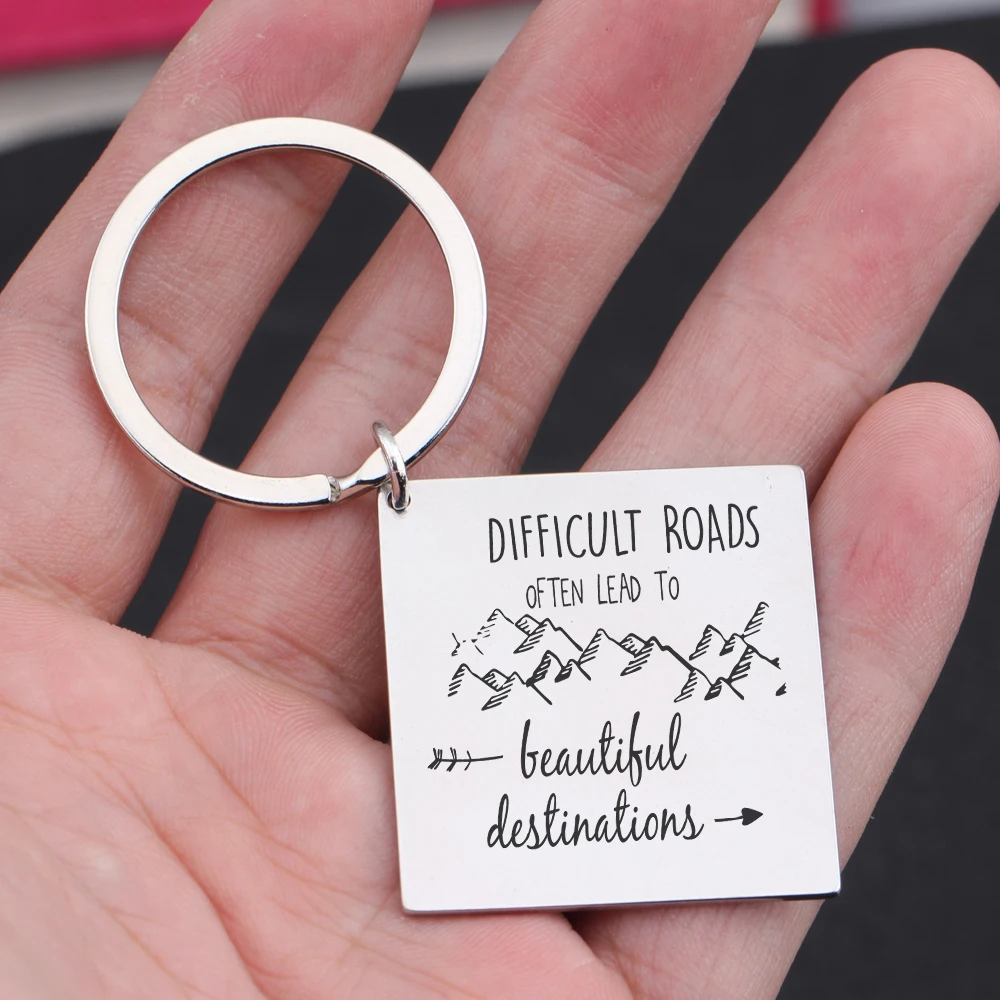 New Chic Lettering Key Chains Engraved difficult roads often lead to beautiful destination mountain keyring inspirational tag | Украшения и