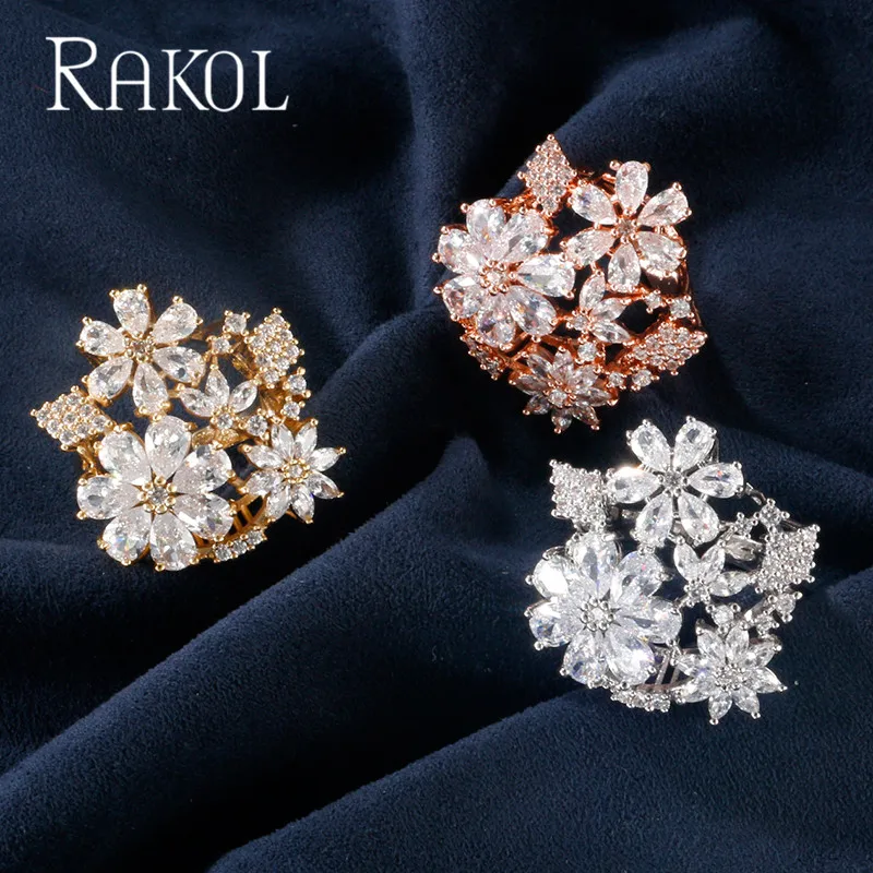 RAKOL Роскошные модные с чешскими кристаллами цветок свадебное кольцо для женщин кольца с прозрачным микро австрийский кубический цирконий, свадебное украшение