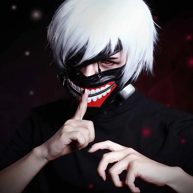 black mask and wig VEVEFHUANG Токийский Гуль Kaneki Ken маска Регулируемая Молния маски из искусственной кожи крутая маска Блиндер и парики аксессуары для Хэллоуина - Цвет: black mask and wig