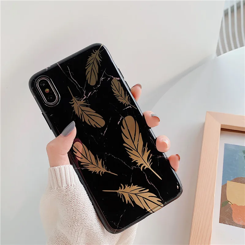 FLYKYLIN Gold Feather Black Marble Case For iphone 6 S 7 8 Plus XS Max Cover Huawei P30 Pro P20 Lite Soft IMD Silicone Coque |