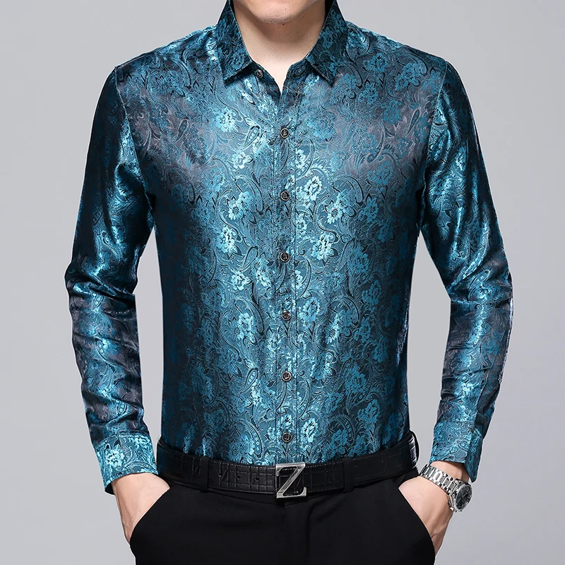 Мужская шелковая рубашка с длинным рукавом цветочным принтом | одежда