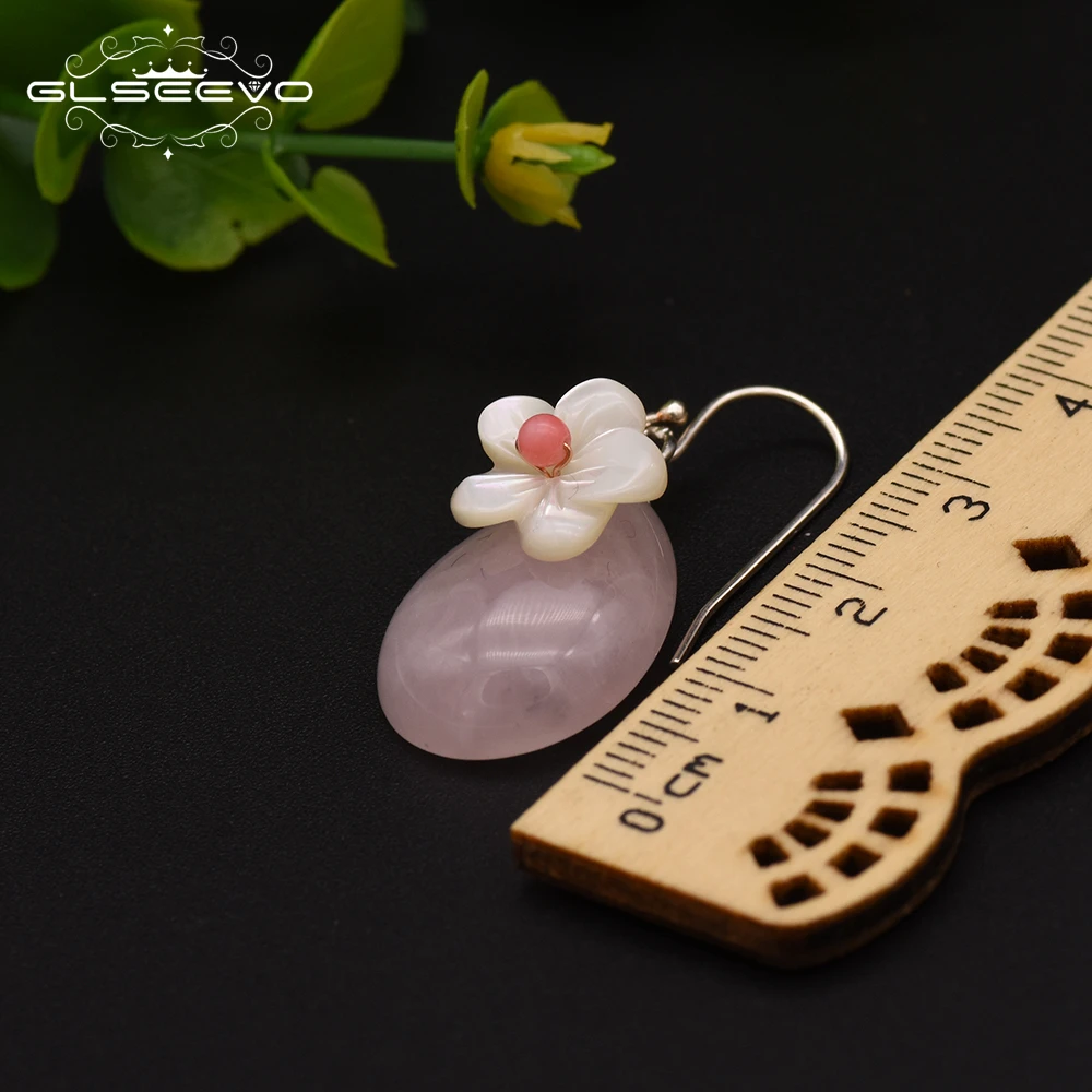 

GLSEEVO Natural Pink Crystal Drop Earring For Women Girls Birthday Shell Flower Cute Handmade Fine Jewellery 925 GE0050A