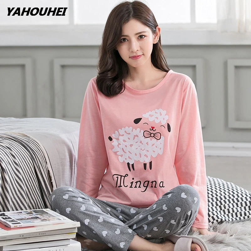 baiseyang pink Женские пижамные комплекты, осенне-зимние пижамы, женские пижамы, хлопковые пижамы с рисунком коровы для девочек, пижамные комплекты с принтом, женские пижамы с длинным рукавом - Цвет: baiseyang pink