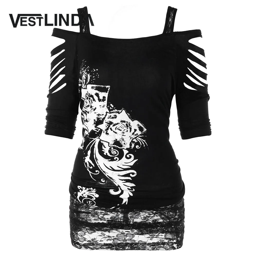 VESTLINDA женская футболка размера плюс Shredding Cold Shoulder Туника Футболка Повседневная Новая модная женская футболка с квадратным вырезом и коротким рукавом