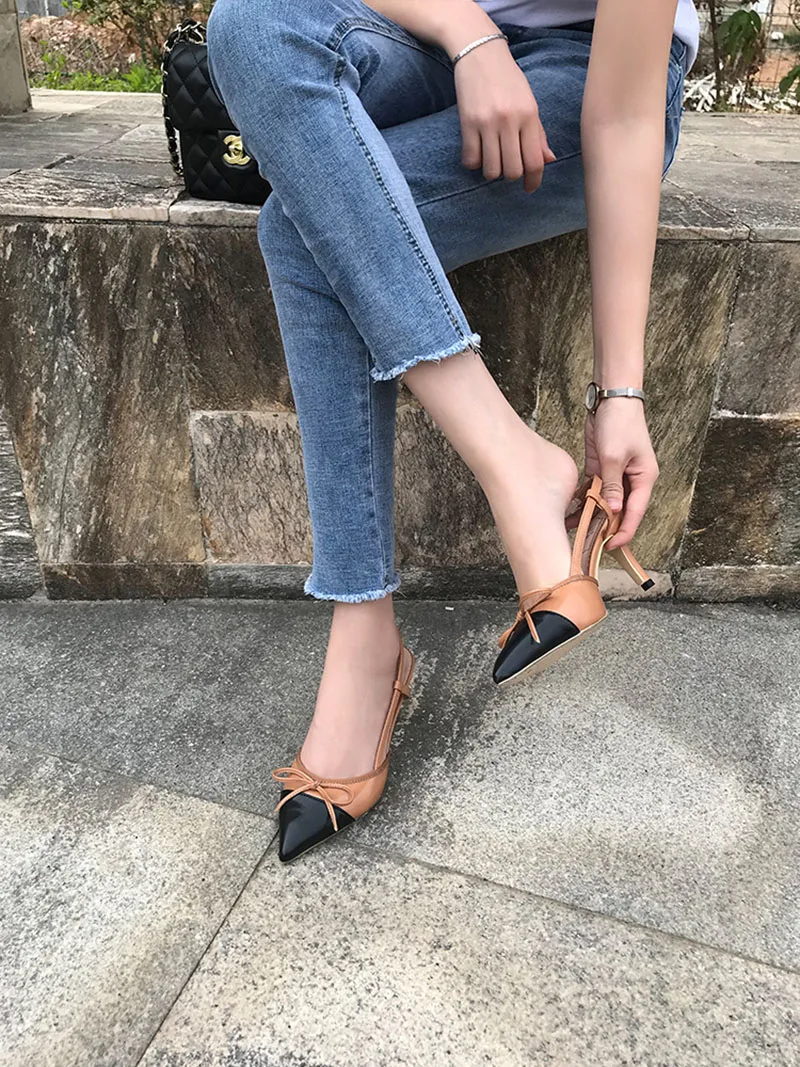 Мода брендовая обувь галстук-бабочка Размер 33 тонкий насосы Красное вино Slingback сандалии замша Указательный палец ремень женщина Многоцветный высокие каблуки китайская Лето Китай новая