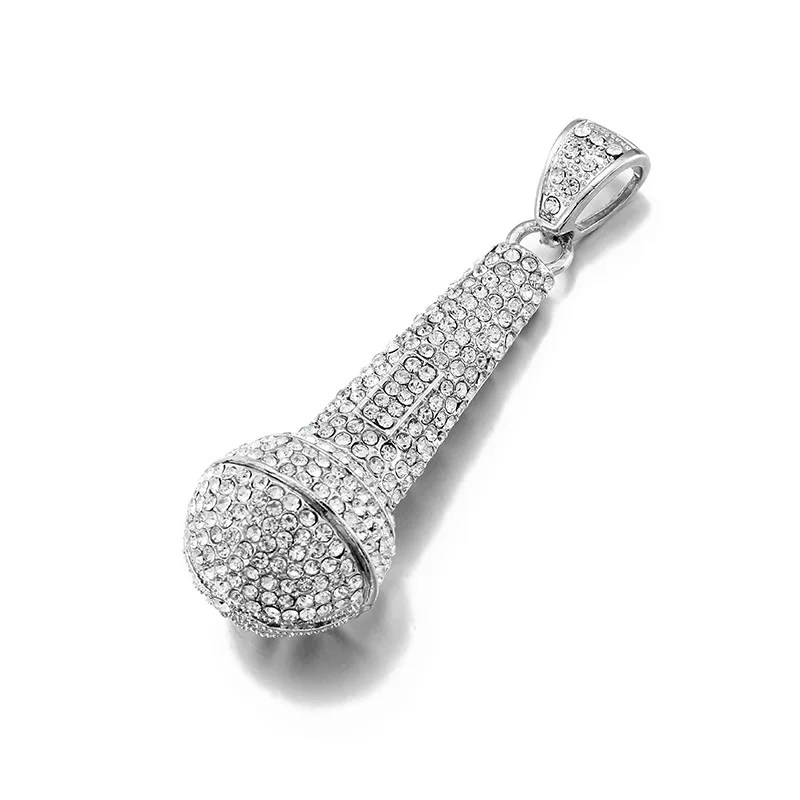 Bling Big Microphone Pendant Necklace Men Crystal Iced Out Chain Music Charm Fashion Hip Hop Jewely | Украшения и аксессуары