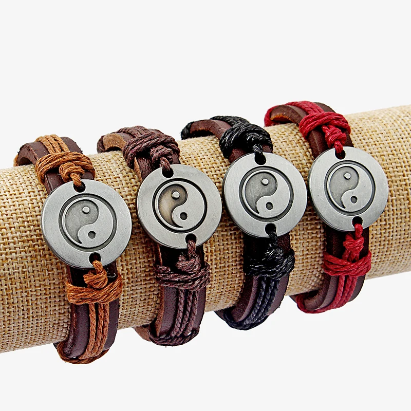 

12pcs Men Women Ying Yin Yang Real Leather Bracelets Adjustable