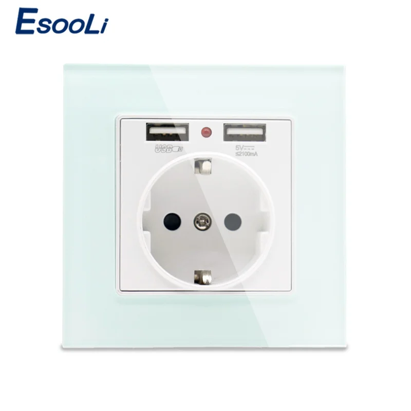 Розетка стеновая Esooli стеклянная с двумя USB-портами 2 1 А 16 | Обустройство дома