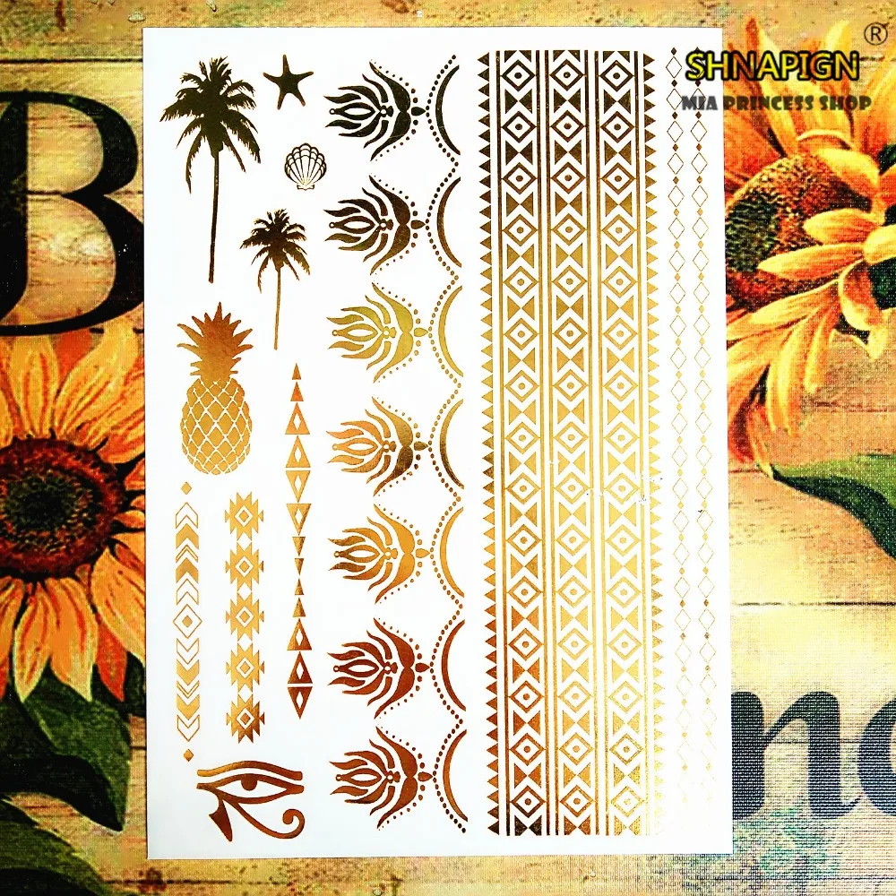 Большой Золотой кокосовое дерево ананас временная татуировка боди арт вспышка