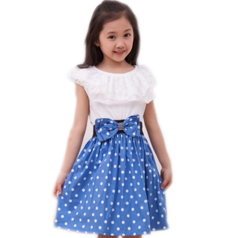 Летние Платье для девочек в горошек модные платья с бантом дети платье Костюмы