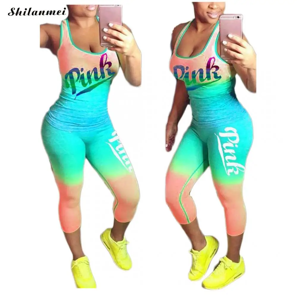 

Pink Letter Print Sexy 2pcs Sets Women Summer Sets Big Size Cotton Blend T Shirt Tank Tops + Pants Tracksuit Causal Skinny Set