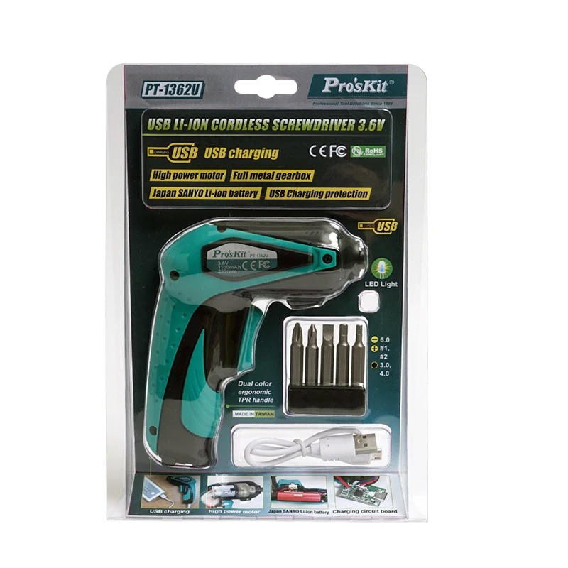 

Pro'skit PT-1362U power drill screwdriver 3.6v Li-ion USB charging Cordless drill with screwdriver bits