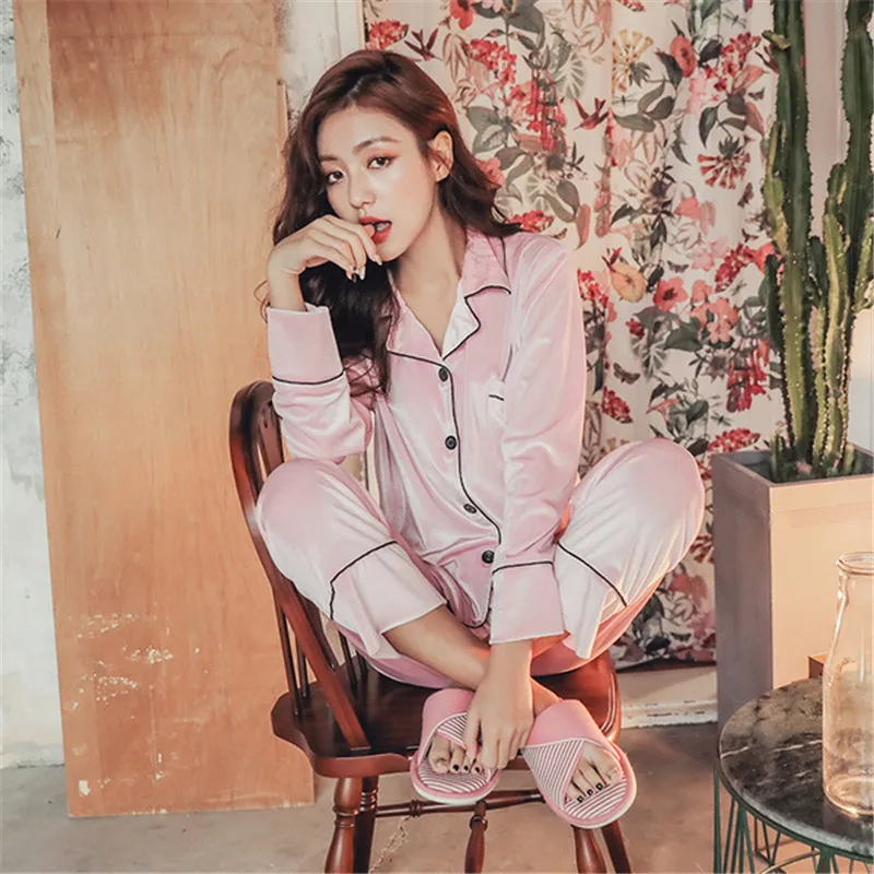 Autumn womens Pajamas Set Women Sleepwear Deep Gold Velvet Pyjamas female sleepwear set Long Sleeves Pants 2 Peices Nightwear | Женская