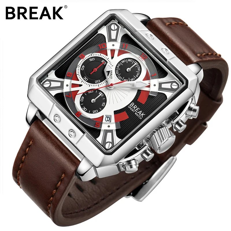 BREAK Men 2019 New Luxury Top Brand Quartz Sport Watch Square Dial Leather Strap Calendar Gift Wristwatches | Наручные часы