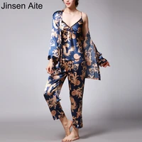 jinsen aite 3 pieces silk pajamas for women 2019 spring autumn sleepwear sets print sexy large size home clothes nightwear js739