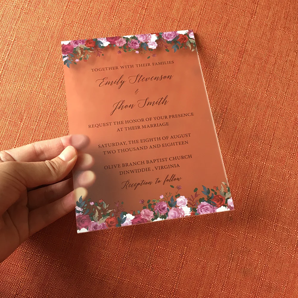 

100 Pieces Per Lot Unique Floral Watercolor 5x7inch Frosted Acrylic Wedding Invitation Card