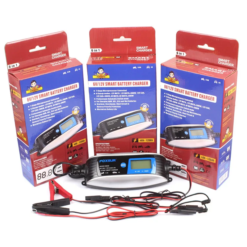 FOXSUR 6В 12В 4А Смарт зарядное устройство мотоцикл автомобиль UPS AGM Влажный гель CA с SAE
