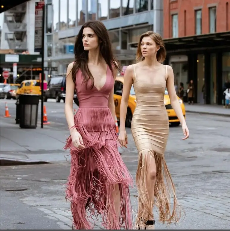 

New High Quality Gold Foil Stamp Maxi Bandage Dress Fromal Long Tassel Spaghetti Stral Evening Party Dress Bandage Vestidos Robe