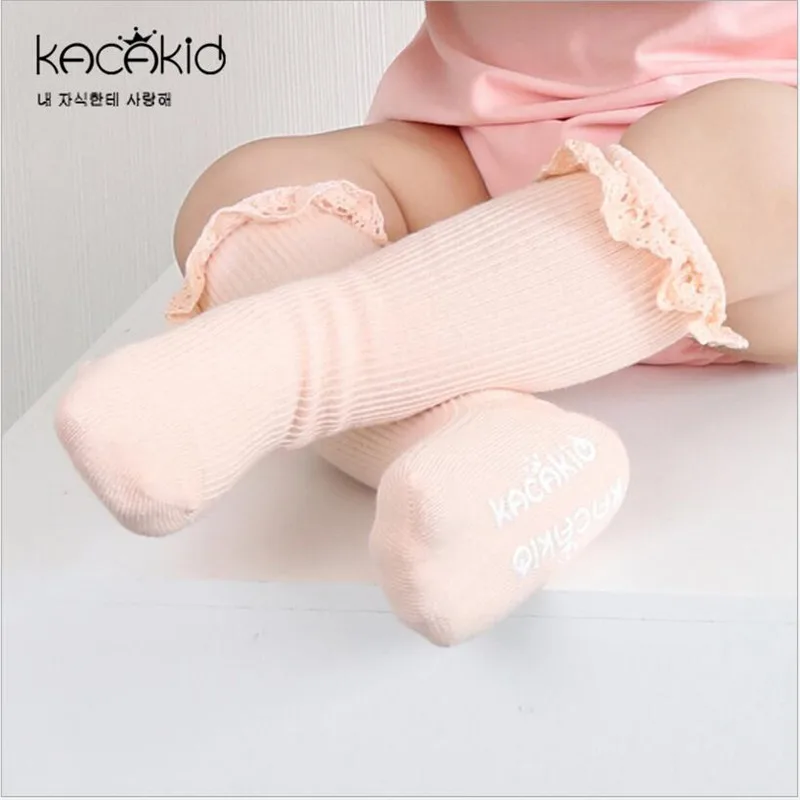 Calcetines hasta la rodilla con volantes de encaje Retro para ni&ntilde;os, medias largas de princesa, antideslizantes, colores caramelo, novedad de verano-5