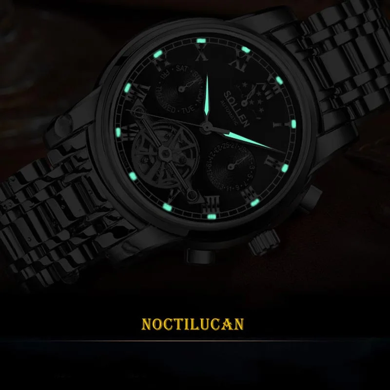 SOLLEN Скелет Tourbillon фазы Луны часы Нержавеющая сталь Водонепроницаемый светящиеся
