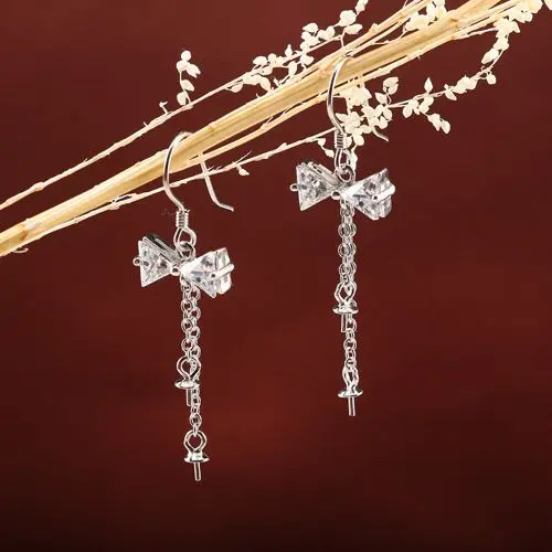 

925 Sterling Silver Semi Mount Earrings White Gold Color 5mm-10mm Pearl or Round Bead Crystal Fine Jewelry