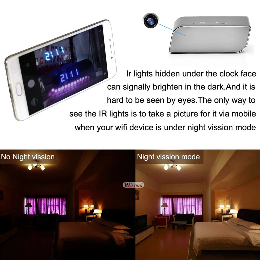 CCTV 1080P wifi мини-камера с будильником времени, беспроводная няня с часами, P2P безопасность, ночное видение, обнаружение движения, Домашняя безопасность, ip-камера