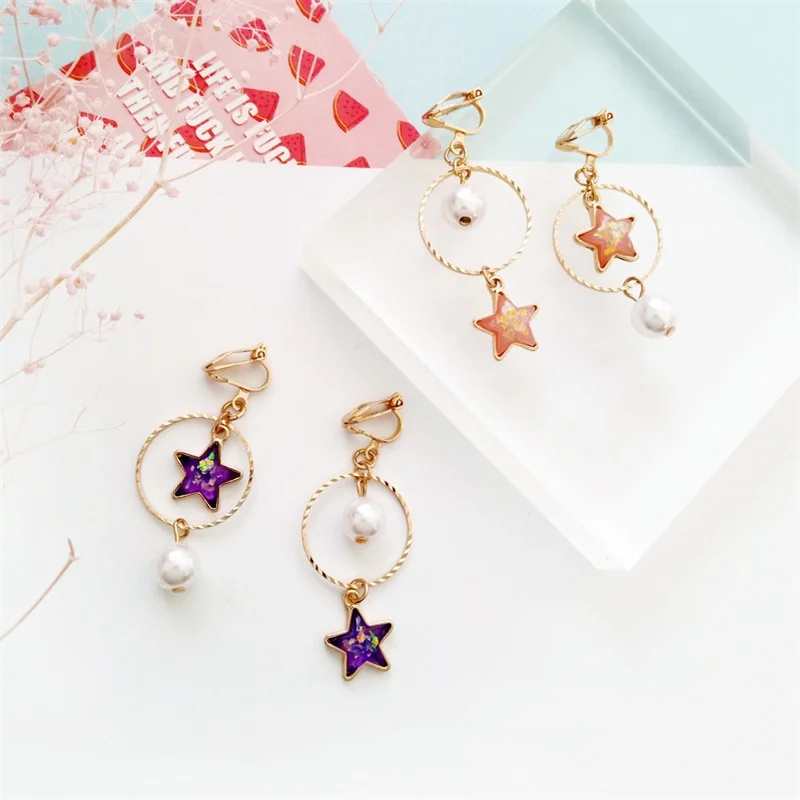3* Japan and South Korea simple geometric metal ring simulation pearl pendant earrings star asymmetric ladies ear clip | Украшения и
