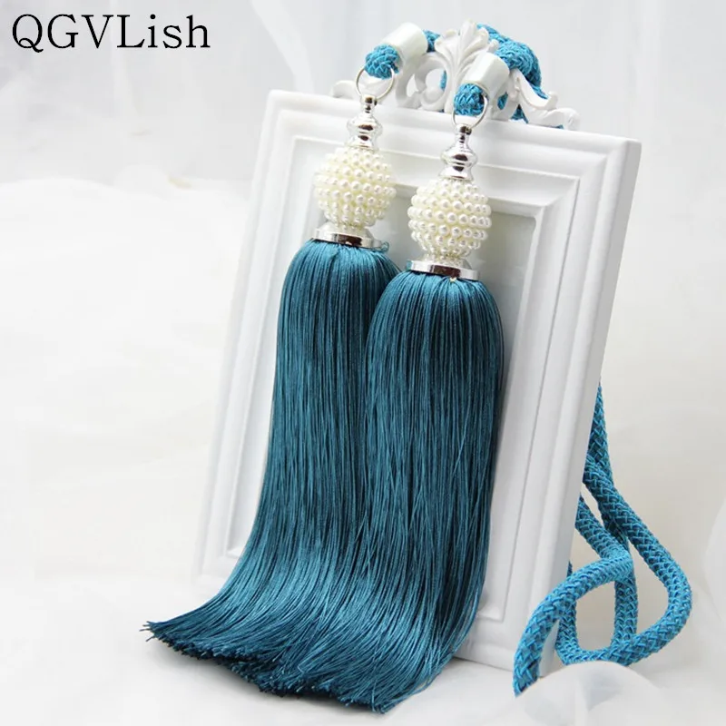 

QGVLish 2Pcs Pearl Beads Curtain Tieback Hanging Belts Rope Curtain Holdback Buckles Clasp Clips Curtain Accessories Hook Holder