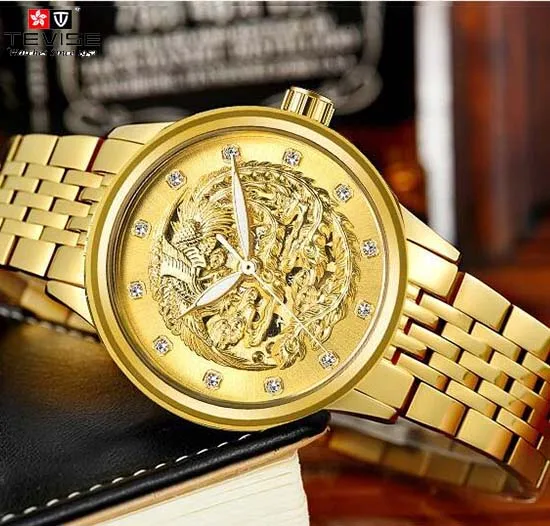 Tevise Для женщин роскошные золотые Феникс автоматический Деловые часы Винтаж