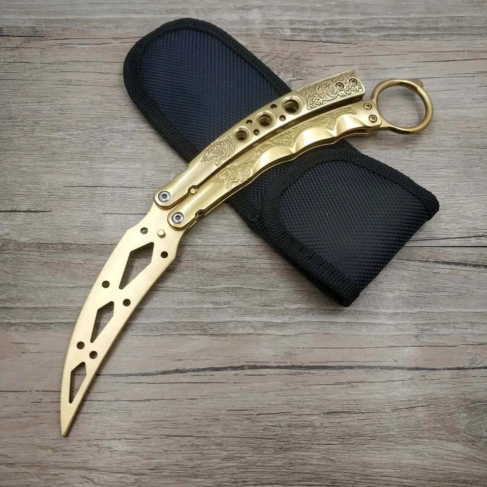 Golden color Прямая поставка, 420C стальной нож karambit cs go, тренировочный нож, складной нож с бабочкой, без края, инструмент для тренировок - Цвет: Golden color