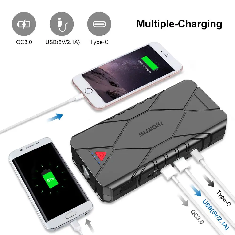 Suaoki 3 в 1 перезаряжаемый автомобильный пусковой стартер USB QC 3,0 type-C для зарядки телефона внешний аккумулятор светодиодный фонарик аккумулятор 16000 мАч