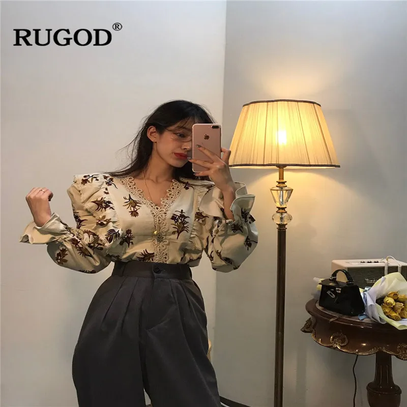 RUGOD/женские рубашки модные оборки v образный вырез открытая блузка с