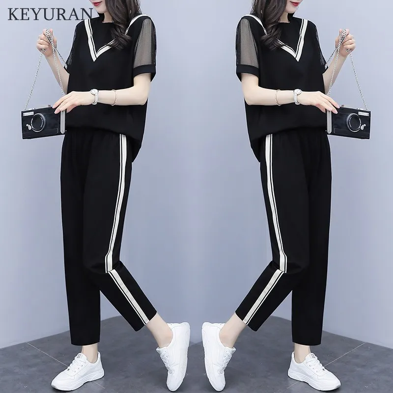 XL-5XL Лето 2019 г. полосатый лоскутное комплект из двух предметов для женщин футболка