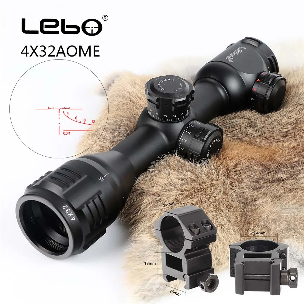 with Picatinny Rings LEBO 4x32 AOME тактический оптический прицел стекло Сетка Красный Зеленый с подсветкой компактный замок прицел для охоты прицел - Цвет: with Picatinny Rings