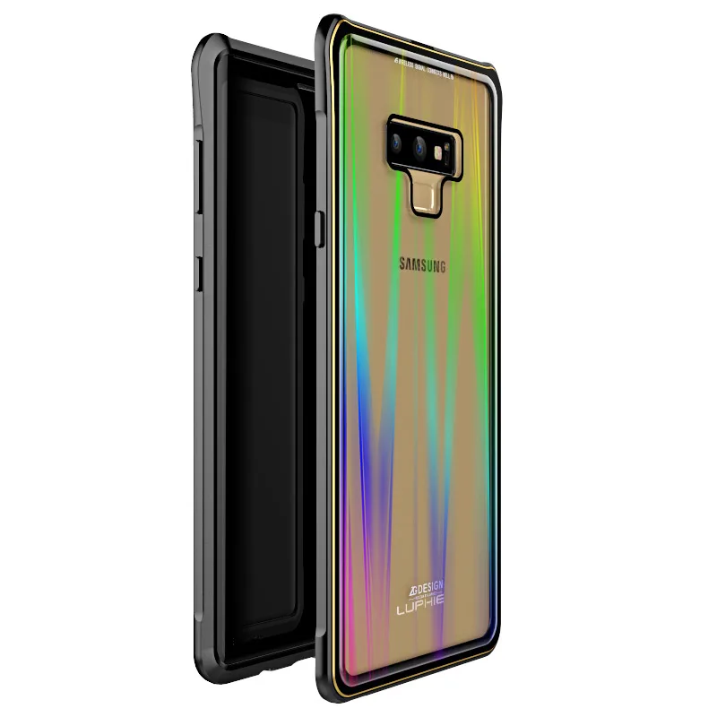LUPHIE для samsung Galaxy Note 9 чехол бренд- магнитный Алюминий Металл оправа закаленное стекло чехол Чехлы Coques Capa - Цвет: black gold