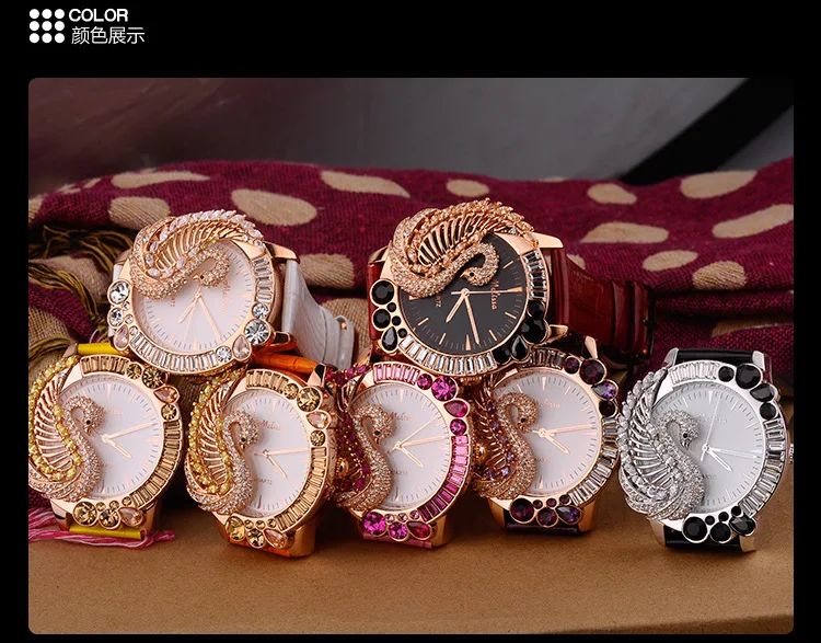 

Luxury Colorful Rhinestones Swan Watches Quartz Vogue Girls Exaggerated 3D Anamal Watch Real Leather Relogio Feminino F11402