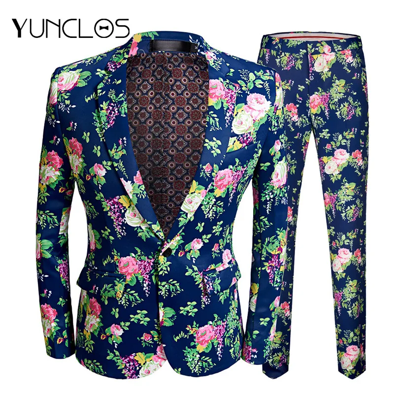 YUNCLOS новые мужские костюмы с цветочным принтом облегающие для вечеринок 2