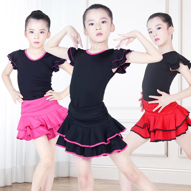 

Children Latin Dance Dress V-neck Short Sleeve Suit Double V-Neck Ballroom Dresses Black Girls Junior Latin Dance Dress For Kids