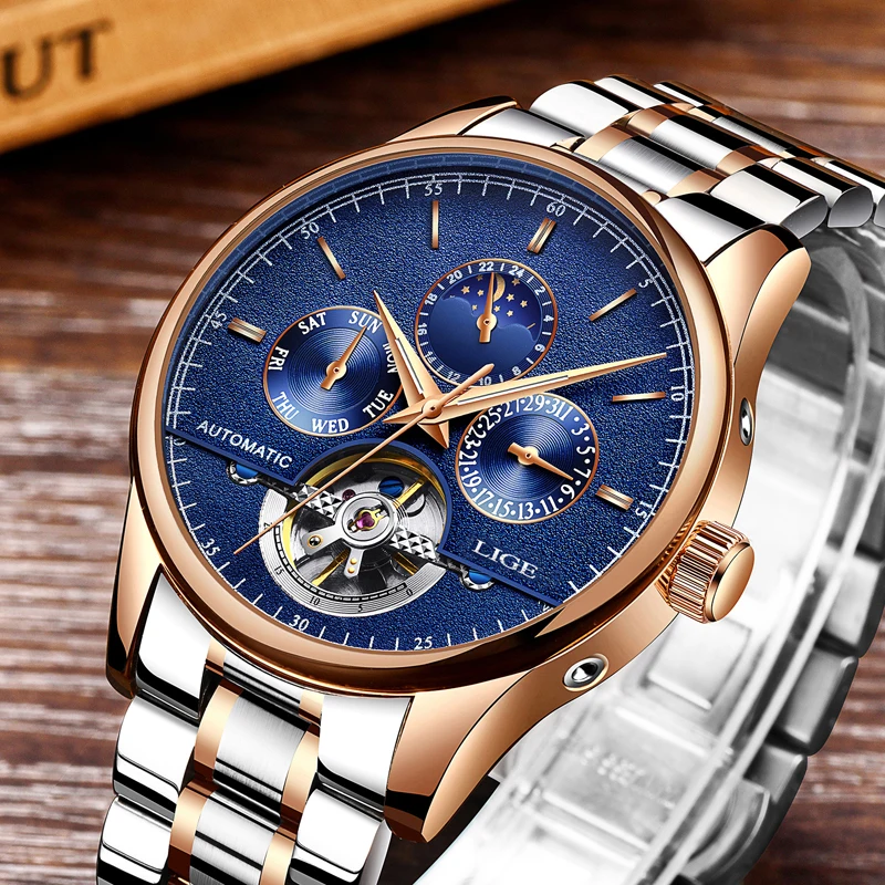 LIGE для мужчин s часы лучший бренд класса люкс автоматические механические Полный