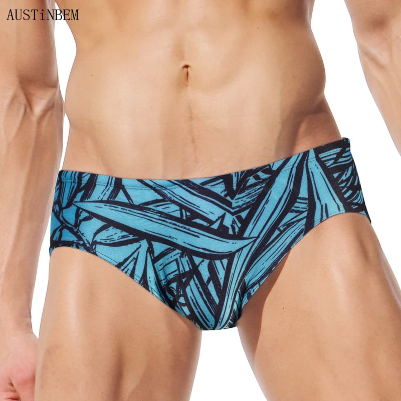 AUSTINBEM swimwear green blue red leaf print men swimsuit sunga beach board surfing swimming shorts briefs bathing suit | Спорт и