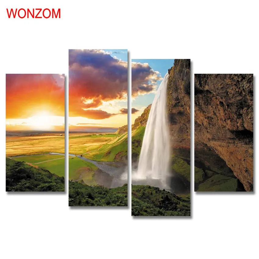 4 шт. Картина на холсте Водопад восхода солнца картина с Горным деревом