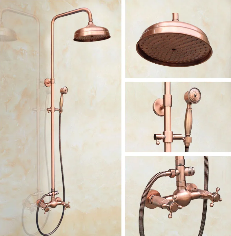

Antique Red Copper Brass Dual Cross Handles Bathroom 8" Round Rain Shower Head Faucet Set Bath Mixer Tap Wall Mounted mrg521