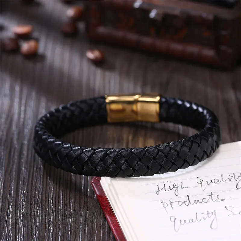 2017 г. панк черный плетеный кожаный браслет Магнитная застежка Простой Стиль