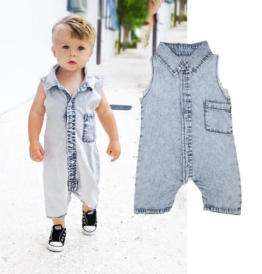 Джинсовая одежда для маленьких мальчиков Комбинезон без рукавов Джинсовый