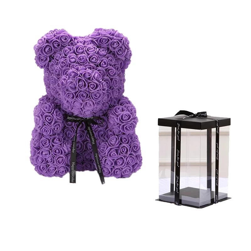 Puple with box Мультфильм 25 см красная роза медведь Искусственные из ПЭ цветы плюшевый медведь Валентина Дети подарки на день рождения на Рождество Домашний декор дропшиппинг - Цвет: Puple with box
