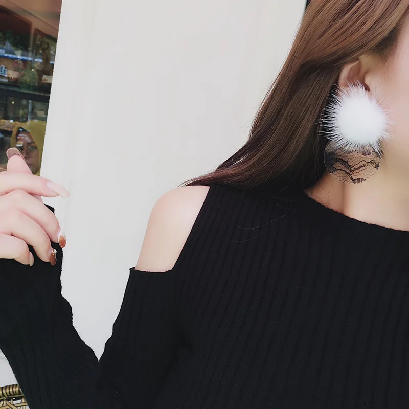 JZTOP Fashion Woman Earrings Acrylic Fur Ball Imitation Lace Big Round Stud For Female Luxury Oorbellen Jewelry | Украшения и